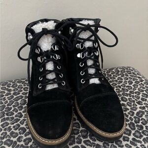 Black Suede Boots with Sherpa Tongue Detail